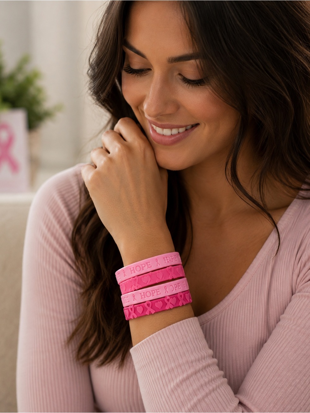 Breast Cancer Awareness Silicone Bracelets | Pink HOPE Wristbands Set of 4 | New